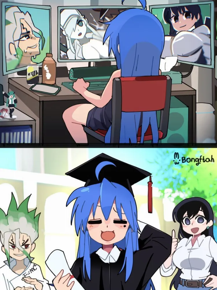 Arato Nagi, Hatsune Miku, Ishigami Senkuu, Kasane Teto, Konata Izumi by BongF. Anime, anime style, Arato Nagi, cells at work, crossover, dr. stone, hataraku saibou, hataraku saibou black, Hatsune Miku, Ishigami Senkuu, Kasane Teto, Konata Izumi, lucky star, ruri no houseki, utau, vocaloid, voice synthesizer, white blood cell