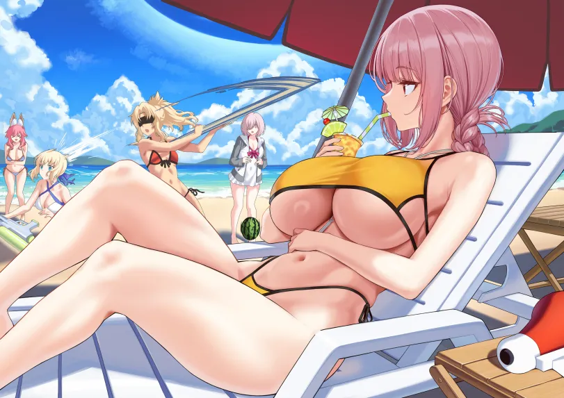 Artoria Pendragon, Florence Nightingale, Saber Of Red, Shielder, Tamamo No Mae (fate) by kook. Anime, Anime Ero, Anime Ero Swim, Artoria Pendragon, bikini, fate, fate extra, fate grand order, fate/apocrypha, fate/stay night, Florence Nightingale, Kyonyuu, Saber Of Red, Shielder, swimsuit, Tamamo No Mae