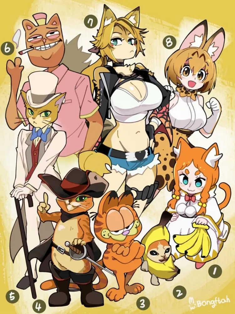 Burgerpants, Garfield, Mimi Pearlbaton, Pulchra, Puss In Boots, Serval by BongF. Animal Ears, Anime, Anime Ears, anthro, anthro ero, Burgerpants, cat girl, catgirl, DreamWorks, Garfield, kemono friends, Mimi Pearlbaton, mimi wo sumaseba, neko, Pulchra, Puss In Boots, Re Zero Kara Hajimeru Isekai Seikatsu, Serval, undertale, zenless zone zero, zzz