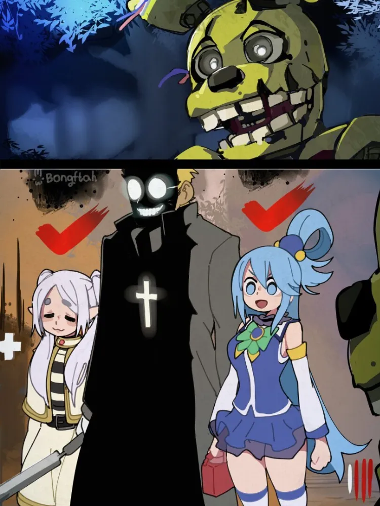 Alexander Anderson, Aqua, Frieren, Springtrap by BongF. Alexander Anderson, Anime, Aqua, crossover, dead by daylight, elf, elf girl, fantasy, five nights at freddy's, Frieren, hellsing, konosuba, sousou no frieren, Springtrap