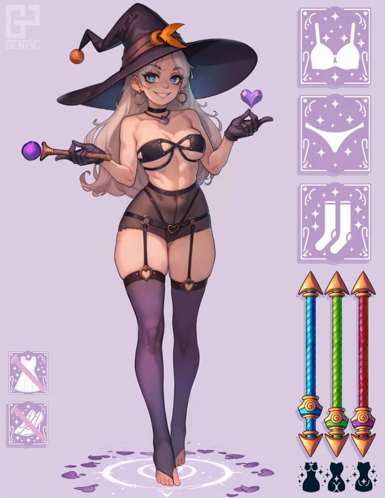 Witch girl by Genpic. Anime, artworkdigital, characterdesign, cleavage, dndcharacter, fantasycharacter, girl, gloves, solofemale, stripgame, undressing, whitehair, witch, witch girl, witchhat