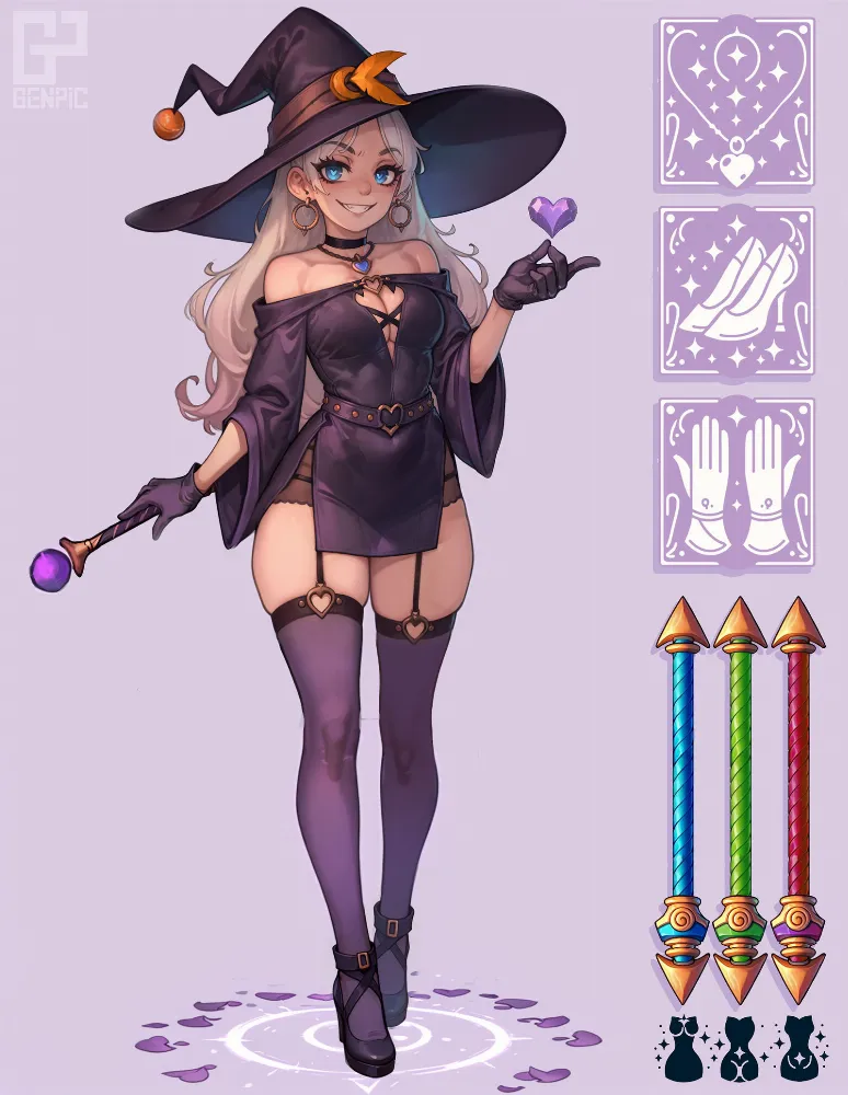 Witch girl by Genpic. Anime, artworkdigital, characterdesign, cleavage, dndcharacter, fantasycharacter, girl, gloves, solofemale, stripgame, undressing, whitehair, witch, witch girl, witchhat