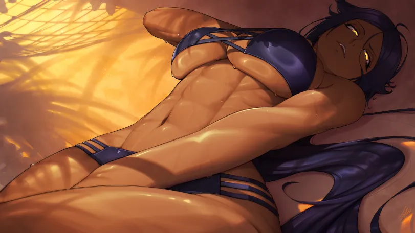 Shihouin Yoruichi (bleach) by Tettora. Anime, Anime Ero, Anime Ero Swim, Anime Ero Wet, bikini, bleach, female muscle art, fit girl, Kyonyuu, rectus abdominis (fm), Shihouin Yoruichi, swimsuit