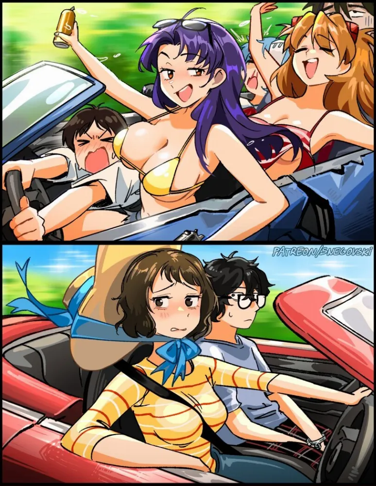 Ayanami Rei, Ikari Shinji, Kaji Ryouji, Katsuragi Misato, Kawakami Sadayo, Kurusu Akira, souryuu asuka langley by Snegovski. Anime, Anime Ero, anime oldschool, Ayanami Rei, bikini, crossover, Evangelion, Ikari Shinji, Kaji Ryouji, Katsuragi Misato, Kawakami Sadayo, Kurusu Akira, Persona, Persona 5, shin megami tensei, souryuu asuka langley, swimsuit
