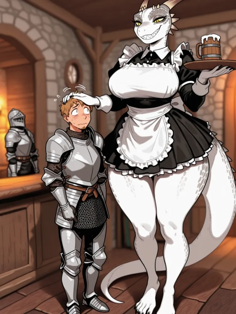AI Dragon Girl (the elder scrolls) by generatornaya. AI, Dragon Girl, housemaid, maid, neuralart, size difference, the elder scrolls