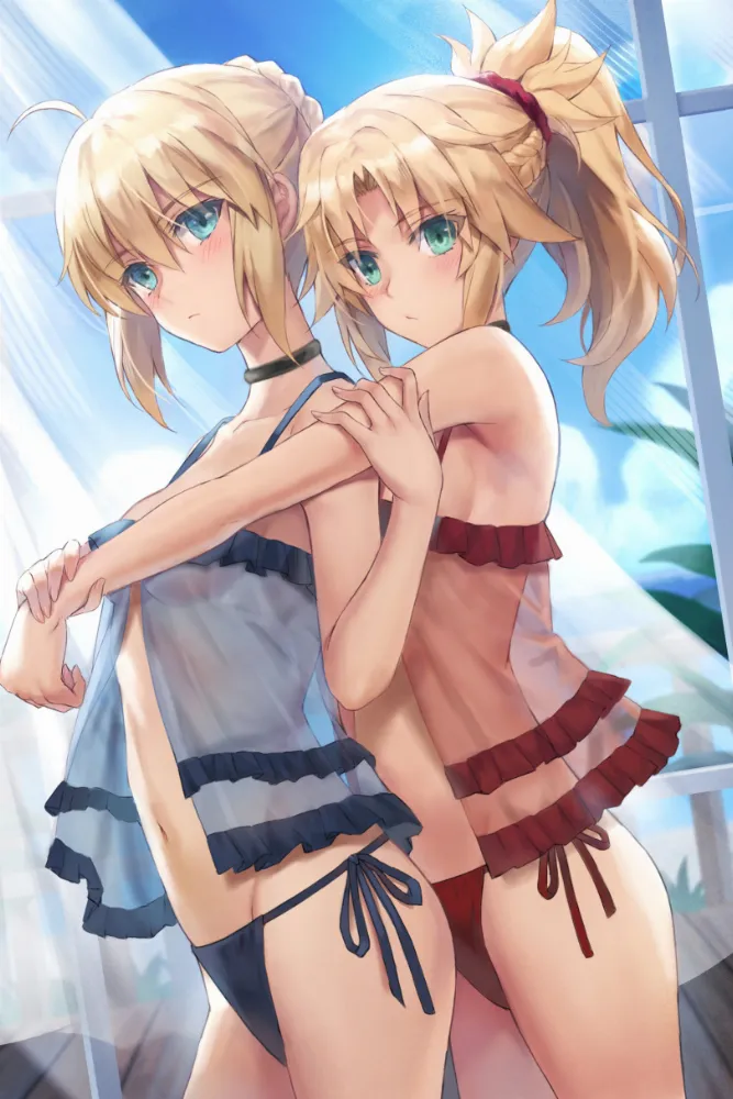 Mordred, Artoria Pendragon (fate) by Tonee. Anime, Anime Ero, Anime Ero Swim, Artoria Pendragon, bikini, fate, fate/apocrypha, fate/stay night, Mordred, swimsuit