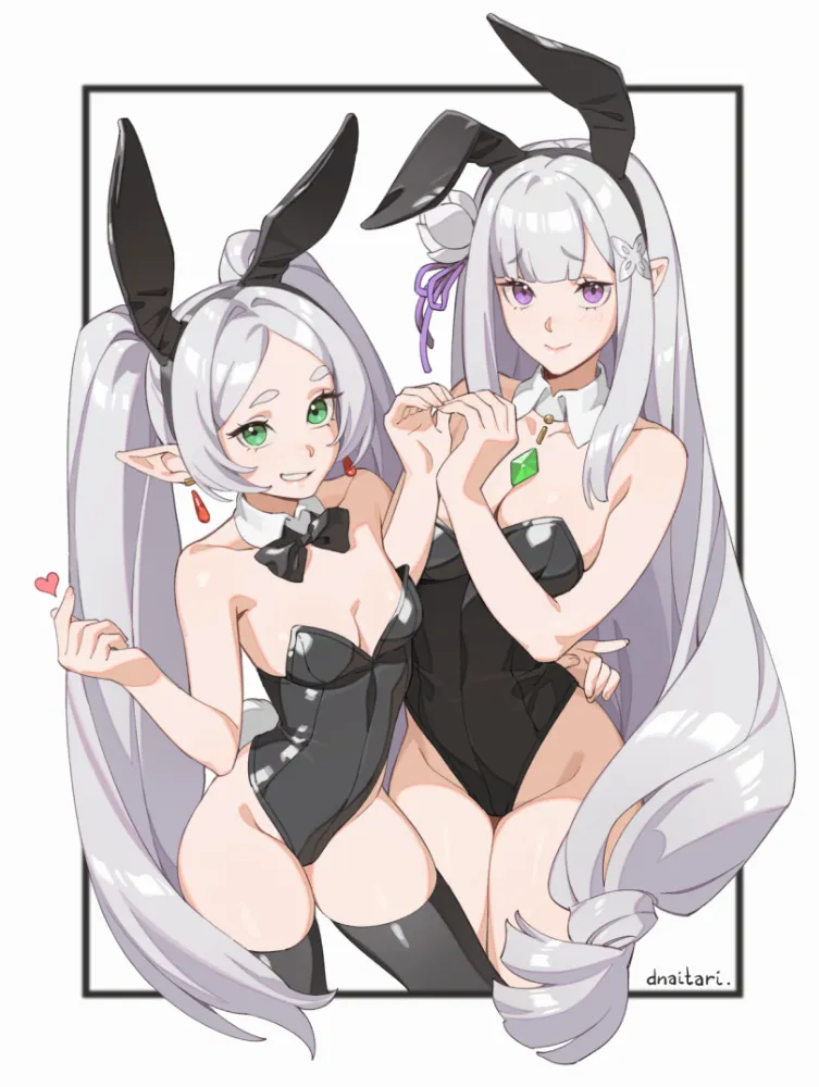 Emilia, Frieren (re zero) by DNaitari. Animal Ears, Anime, Anime Ears, Anime Ero, bunny ears, bunny girl, Bunnysuit, crossover, elf, elf girl, Emilia, fantasy, Frieren, re zero, Re Zero Kara Hajimeru Isekai Seikatsu, sousou no frieren