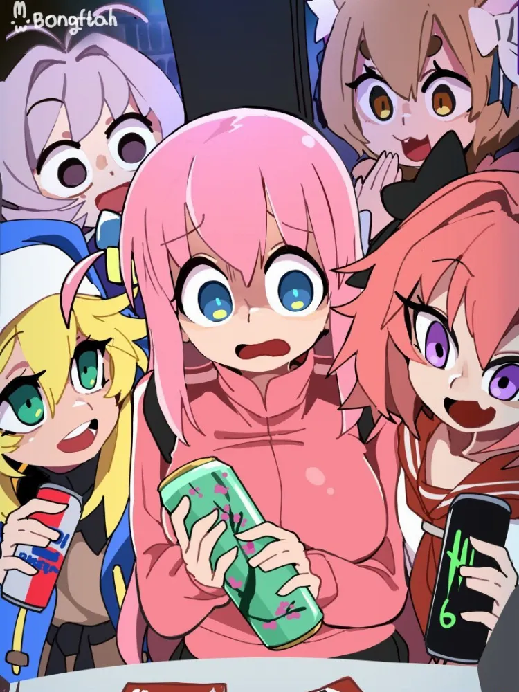 Astolfo, Bridget, Felix Argyle, Gotou Hitori, Osana Najimi by BongF. Anime, Astolfo, bocchi the rock, Bridget, fate, fate/apocrypha, Felix Argyle, Gotou Hitori, Guilty Gear, komi-san wa comyushou desu, Osana Najimi, Re Zero Kara Hajimeru Isekai Seikatsu