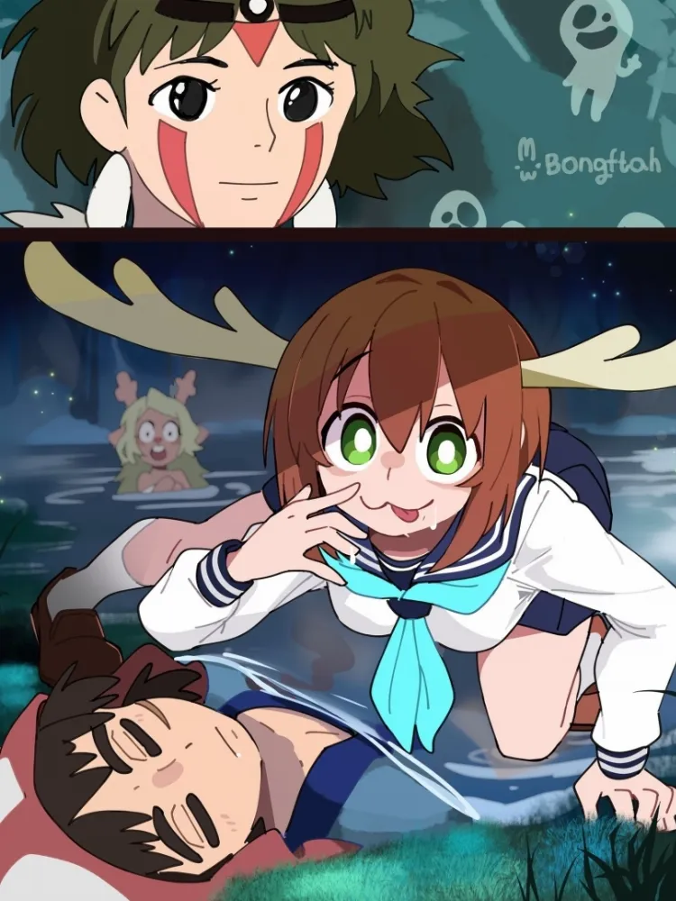 Ashitaka, Mononoke Hime, Noelle Holiday, Shikanoko Noko by BongF. Anime, Ashitaka, bongfill, crossover, deer girl, deltarune, Mononoke Hime, Noelle Holiday, san, Shikanoko Noko, shikanoko nokonoko koshitantan, undertale