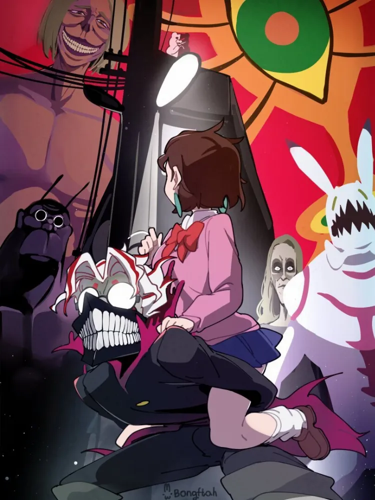 Ayase Momo, Monokuma, Takakura Ken by BongF. Anime, attack on titan, Ayase Momo, crossover, dandadan, danganronpa, Foreign VN, Monokuma, Takakura Ken, vn