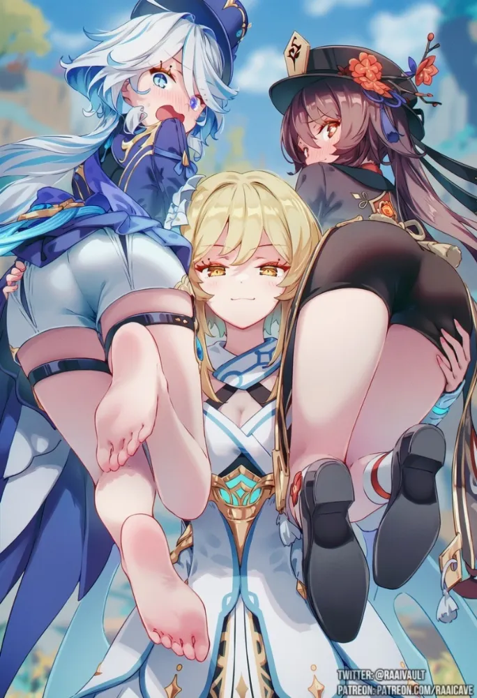 AI Lumine, Hu Tao, Furina (Genshin Impact) by RaaiCave. AI, Furina, game art, Genshin Impact, Genshin Impact Ero, Hu Tao, Lumine, neuralart