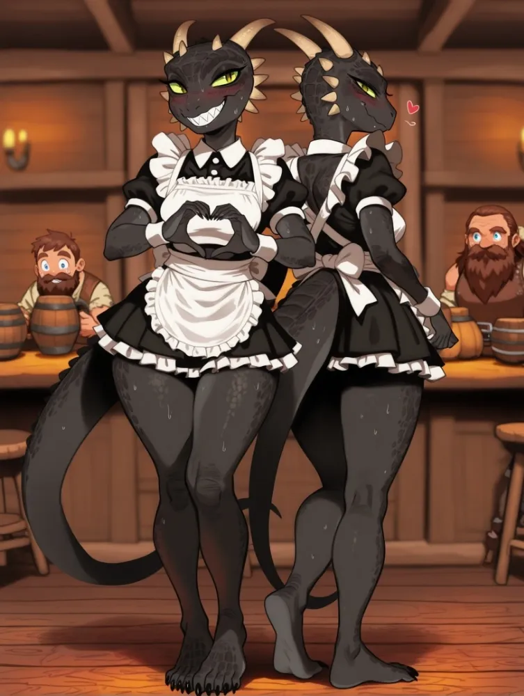 AI Dragon Girl (the elder scrolls) by generatornaya. AI, Dragon Girl, housemaid, maid, neuralart, size difference, the elder scrolls