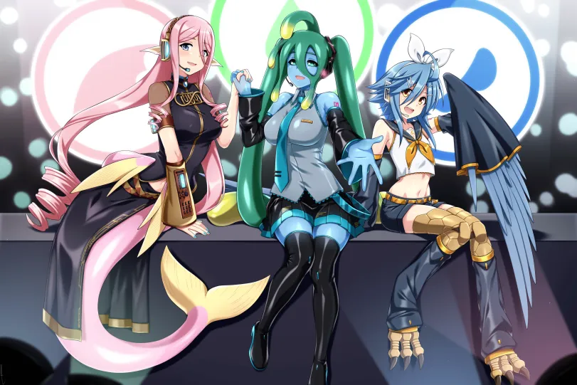 Meroune Lorelei, Papi, Suu (monster musume) by lindaroze. Anime, Anime Ero, crossover, harpy girl, mermaid girl, Meroune Lorelei, monster girl, monster musume, Papi, slime girl, Suu, vocaloid, voice synthesizer
