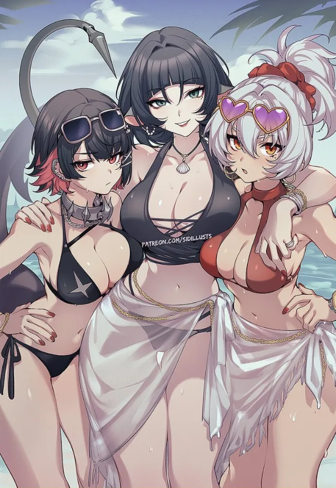 AI Ellen Joe, Jane Doe, Soldier 11 (zenless zone zero) by Sidillusts. AI, Animal Ears, Anime Art, Anime Ears, anime style, bikini, Ellen Joe, game ero, Jane Doe, mouse girl, neuralart, shark girl, Soldier 11, swimsuit, zenless zone zero, zzz