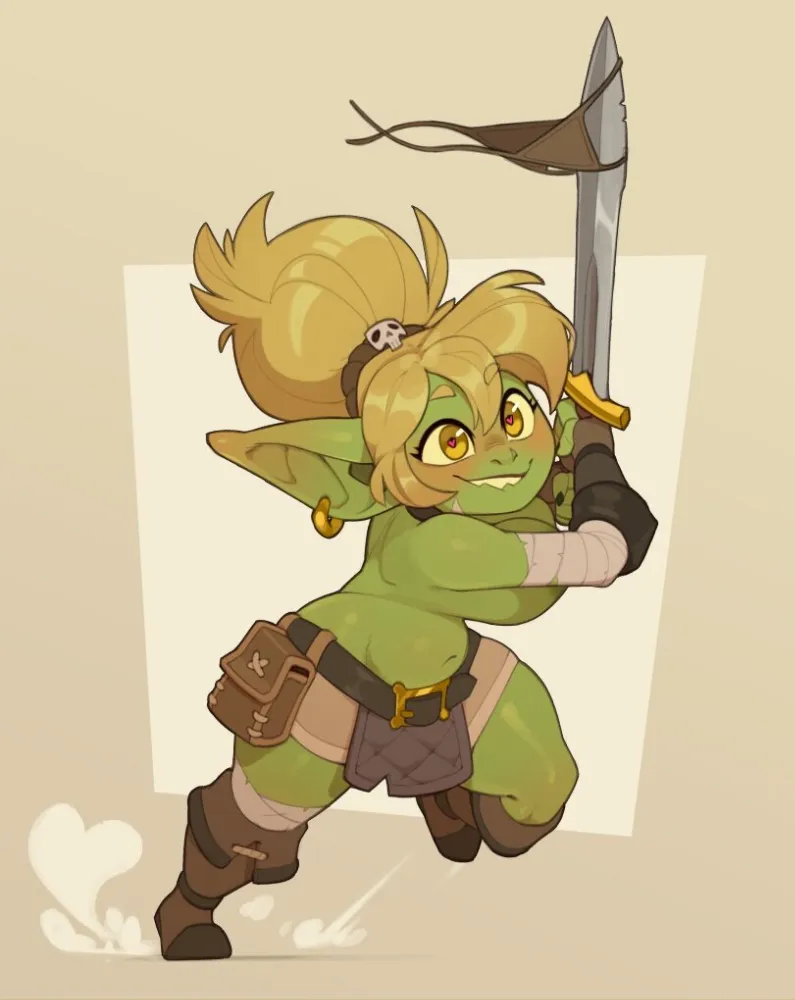 Goblin girl by Huffslove. art girl, Fantasy race, goblin girl, heart-shaped pupils, shortstack, warrior girl