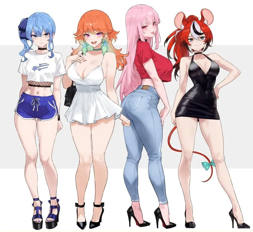 Hoshimachi Suisei, Takanashi Kiara, Mori Calliope, Hakos Baelz (virtual youtuber) by Bluefield. Animal Ears, Anime Ears, anime piped running shorts, Hakos Baelz, hololive, Hoshimachi Suisei, Mori Calliope, mouse girl, Takanashi Kiara, virtual youtuber, Virtual YouTuber Ero, vtuber