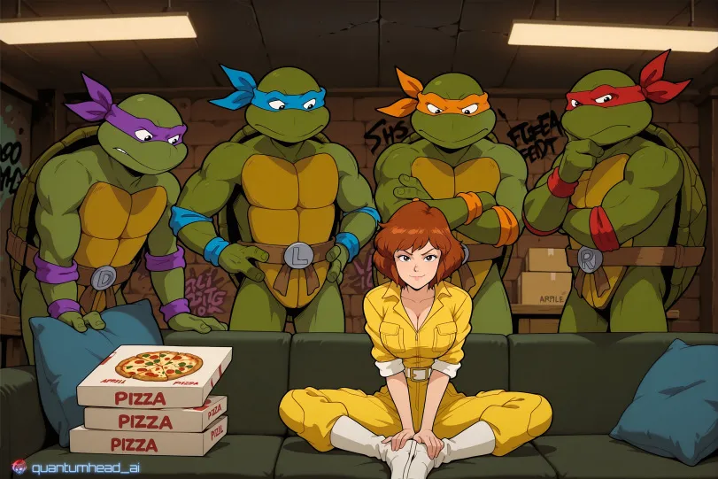 AI April O’neil, Donatello, Leonardo, Michelangelo, Raphael (teenage mutant ninja turtles) by QuantumHeadAI. AI, April O'neil, Donatello, Leonardo, Michelangelo, neuralart, Raphael, teenage mutant ninja turtles, tmnt