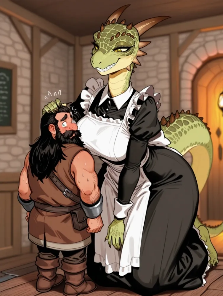 AI Dragon Girl (the elder scrolls) by generatornaya. AI, Dragon Girl, housemaid, maid, neuralart, size difference, the elder scrolls