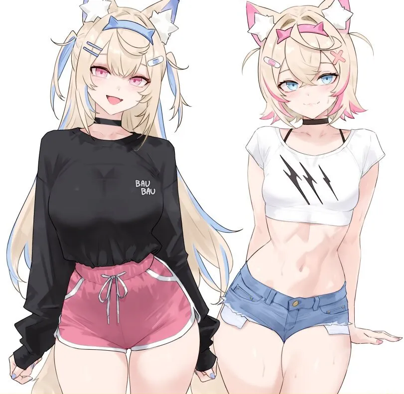 Fuwawa abyssgard, Mococo Abyssgard (virtual youtuber) by Bluefield. Animal Ears, Anime Ears, anime piped running shorts, cat girl, catgirl, fuwawa abyssgard, hololive, Mococo Abyssgard, neko, virtual youtuber, vtuber