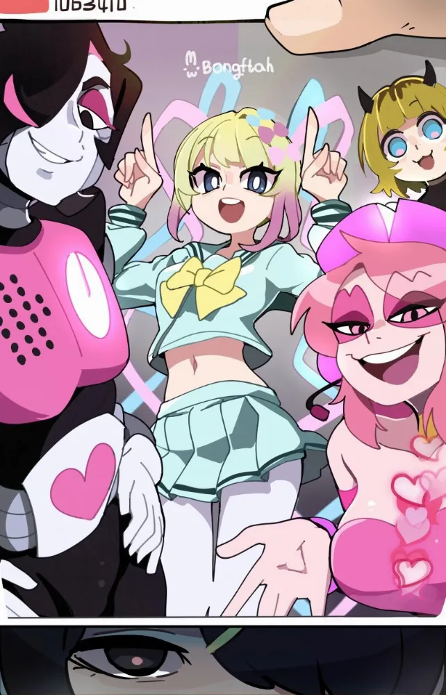 Ame-chan, Chouzetsusaikawa Tenshi-chan, Memcho, Mettaton, Miss Heed by BongF. Ame-chan, Anime, cartoon network, Chouzetsusaikawa Tenshi-chan, crossover, Memcho, Mettaton, Miss Heed, needy girl overdose, oshi no ko, undertale, villainous