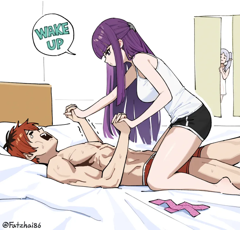 Fern, Frieren, Stark (sousou no frieren) by fatzhai. Anime, anime piped running shorts, elf, elf girl, fantasy, Fern, Frieren, nsfw, sousou no frieren, Stark