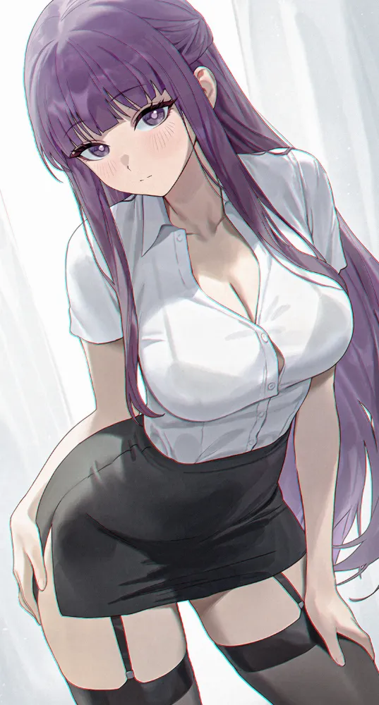 Fern (sousou no frieren) by Amiki Yuzuru. Anime, Anime Ero, Fern, office girl, office lady, sousou no frieren, stockings