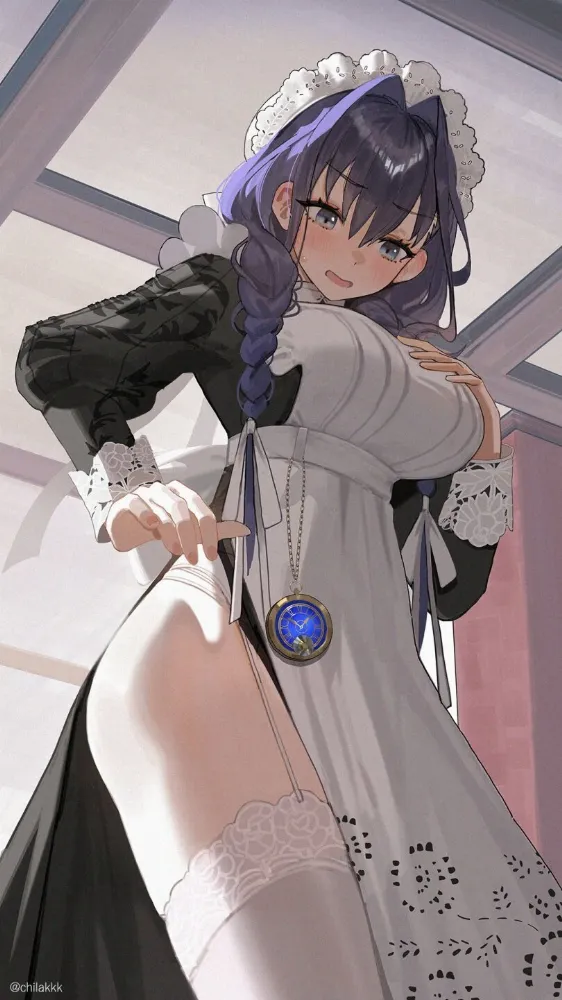 Ouro Kronii (virtual youtuber) by chilakkk. garter belt, hololive, housemaid, maid, Ouro Kronii, stockings, virtual youtuber, Virtual YouTuber Ero, vtuber