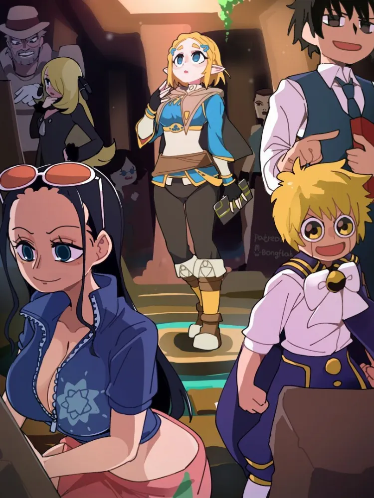 Cynthia, Joseph Joestar, Lara Croft, Nico Robin, Simon Petrikov, Zelda by BongF. adventure time, Anime, Cynthia, elf, elf girl, elfgirl, fantasy, jojo's bizarre adventure, Joseph Joestar, konjiki no gash!!, Lara Croft, Nico Robin, One Piece, pokemon, Pokemon Characters, Pokemon trainers, Simon Petrikov, The Legend of Zelda, tomb raider, Zelda