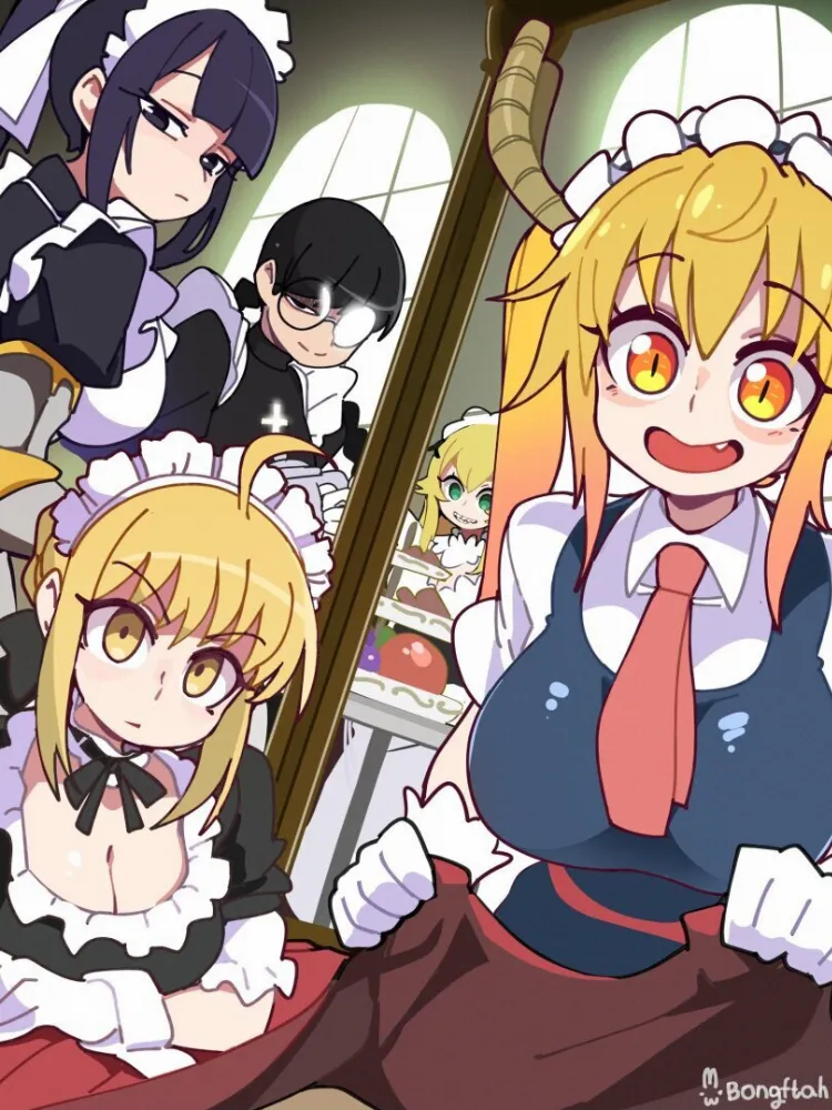 Artoria Pendragon, Narberal Gamma, Pleiades, Roberta, Tohru by BongF. Anime, Artoria Pendragon, bl, black lagoon, bongfill, Dragon Girl, fate, housemaid, kobayashi-san chi no maid dragon, maid, maidragon, monster girl, Narberal Gamma, overlord, Pleiades, Roberta, Tohru