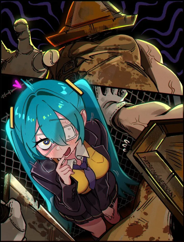 Hatsune Miku, Pyramid Head (silent hill) by Snegovski. Anime, deco*27, Hatsune Miku, kabe-don, monitoring, Pyramid Head, silent hill, silent hill 2, vocaloid, voice synthesizer