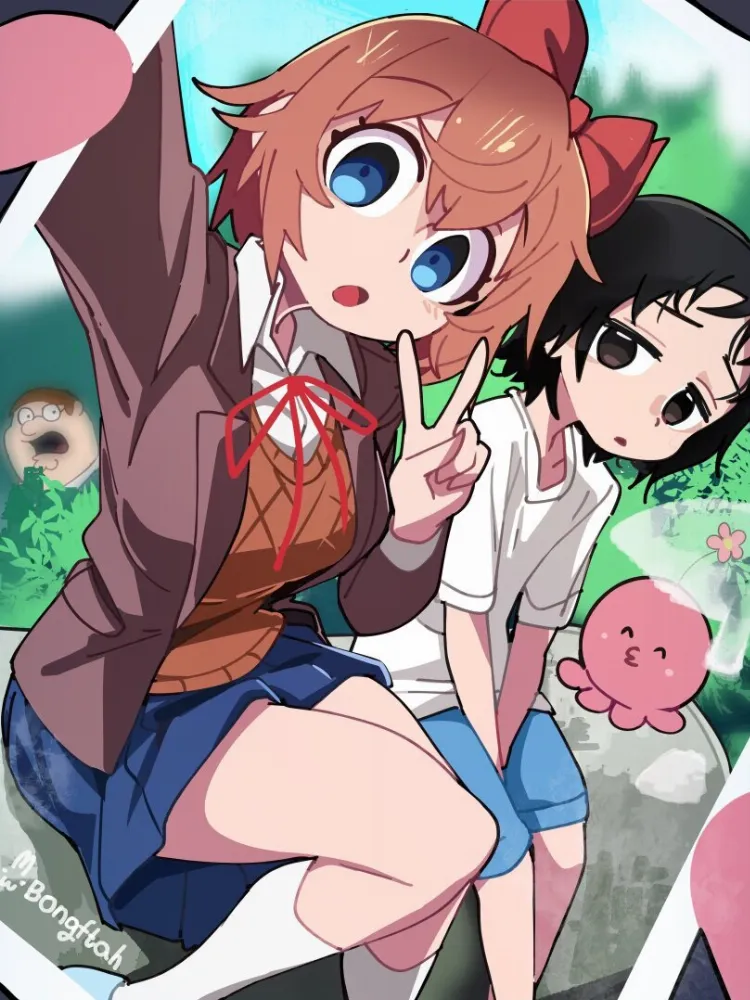 Kuze Shizuka, Peter Griffin, Sayori, Takopii (doki doki literature club) by BongF. Anime, doki doki literature club, Foreign VN, Kuze Shizuka, Peter Griffin, Sayori, Takopii, takopii no genzai