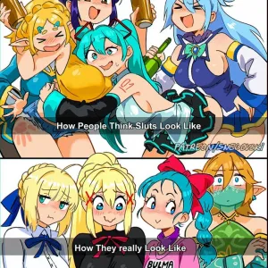 Preview of art: Aqua, Artoria Pendragon, Bulma, Darkness, Hatsune Miku, Link, Misato Katsuragi, Trap Link, Zelda by Snegovski